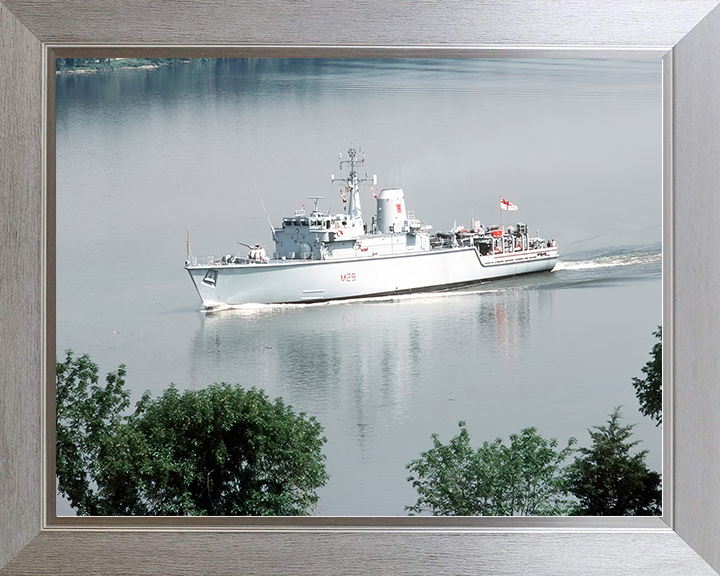 HMS Brecon (M29) Royal Navy Hunt Class Mine Warfare Vessel Entering Harbour Photo Print Wall Art Decor Posters, Prints, & Visual Artwork Hampshire Prints 10 x 8 Silver Frame No