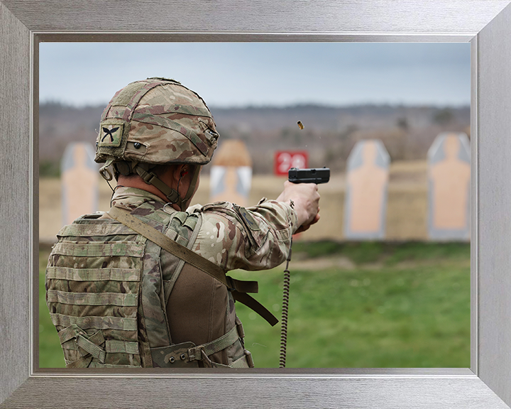Royal Gurkha Rifleman firing a pistol Photo Print - British Army Hampshire Prints 10 x 8 Silver Frame No