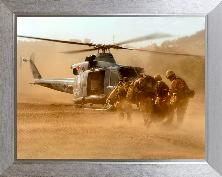 RAF Gazelle Helicopter Diring a Medical Evacuation Photo Print - Royal Air Force Aircraft Posters, Prints, & Visual Artwork Hampshire Prints 10 x 8 Silver Frame No