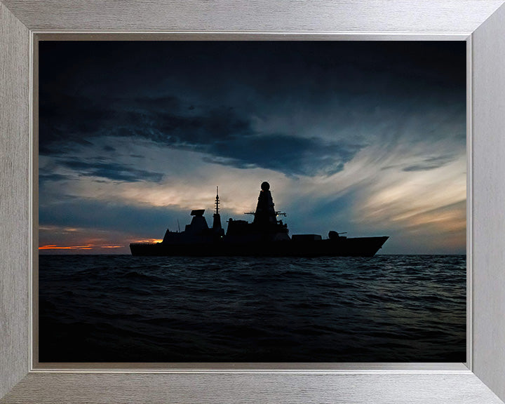 HMS Defender (D36) Photo Print - Silhouette at Sunset - Royal Navy Type 45 Destroyer Hampshire Prints 10 x 8 Silver Frame No