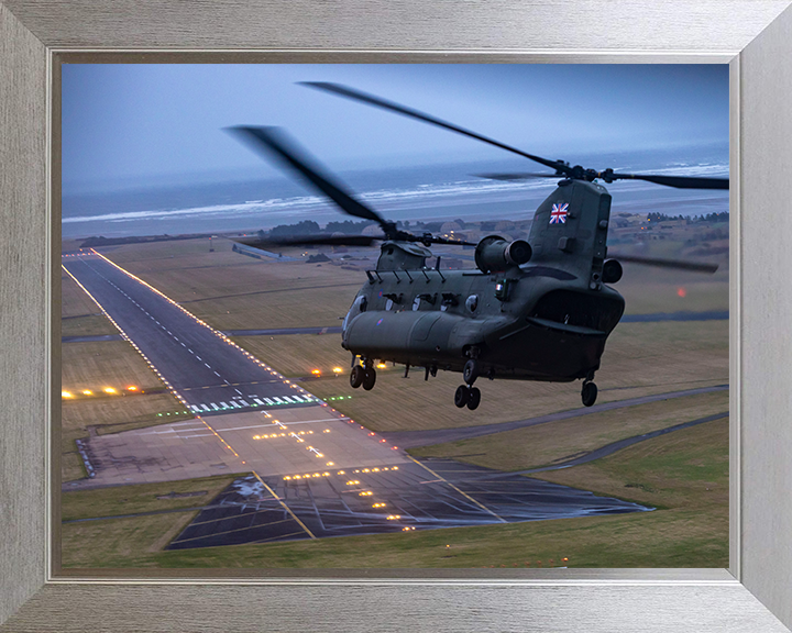 RAF Chinook Helicopter and Runway Photo Print - Royal Air Force Aircraft Hampshire Prints 10 x 8 Silver Frame No
