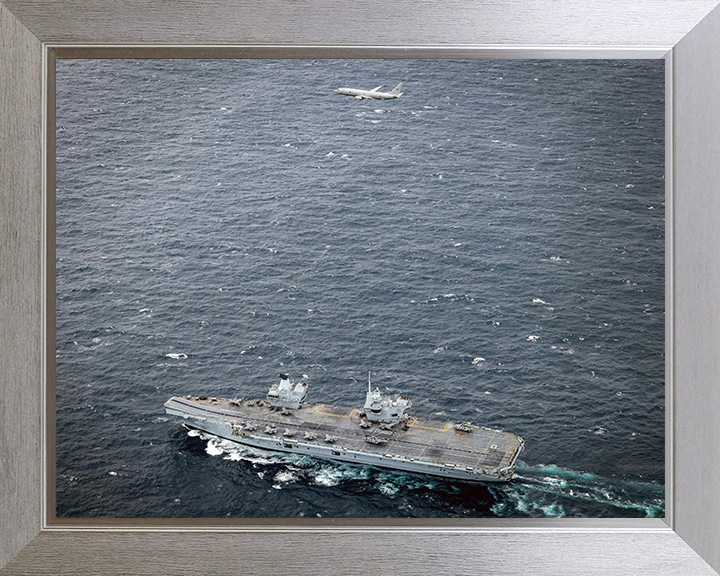 HMS Prince of Wales (R09) Photo Print - With Poseidon - Royal Navy Queen Elizabeth Class Aircraft Carrier Hampshire Prints 10 x 8 Silver Frame No