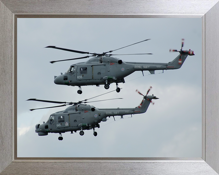Two Westland Lynx Helicopters in Flight Photo Print - Royal Navy Aircraft Hampshire Prints 10 x 8 Silver Frame No