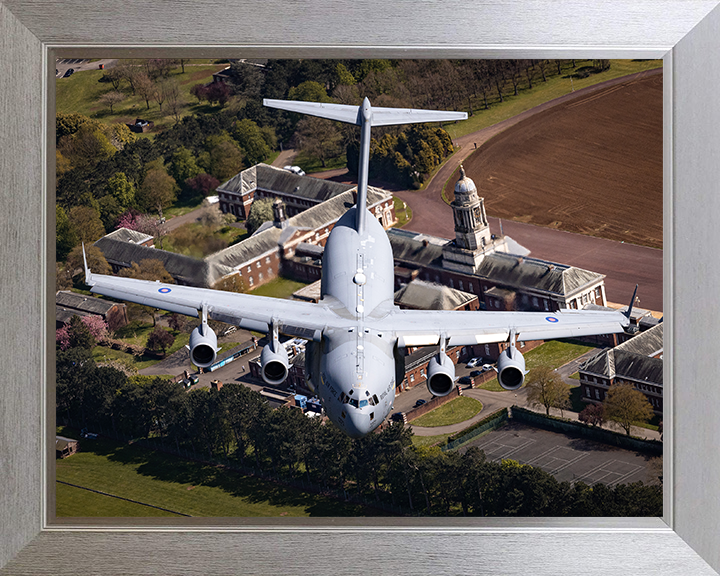 RAF C-17 Globemaster above RAF College Cranwell Photo Print - Royal Air Force Aircraft Hampshire Prints 10 x 8 Silver Frame No