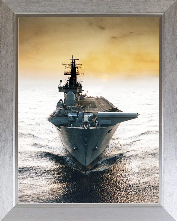 HMS Ark Royal (R07) Royal Navy Invincible Class Aircraft Carrier Bow View at Sunset Photo Print Wall Art Decor Posters, Prints, & Visual Artwork Hampshire Prints 10 x 8 Silver Frame No