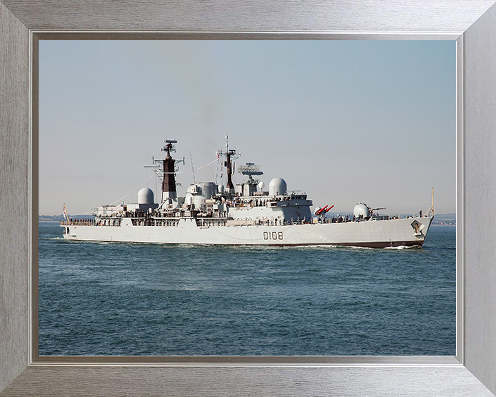 HMS Cardiff (D108) Royal Navy Type 42 Destroyer Entering Harbour Paying off Photo Print Wall Art Decor Posters, Prints, & Visual Artwork Hampshire Prints 10 x 8 Silver Frame No