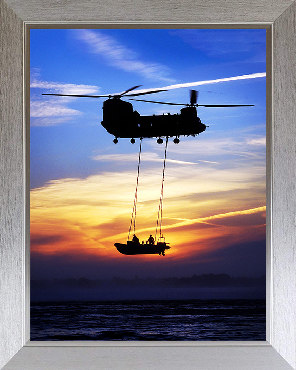 Royal Marines Commandos on a Rib Hoisted By a Chinook Helicopter Photo Print Hampshire Prints 10 x 8 Silver Frame No