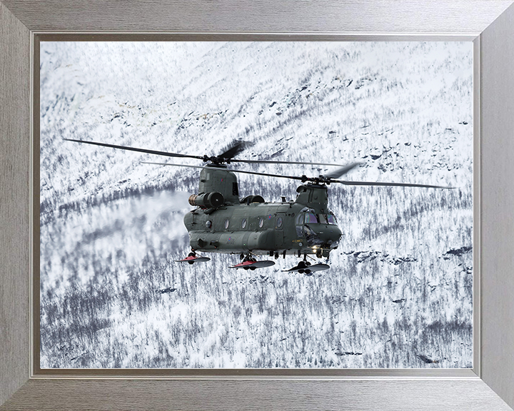 RAF Chinook Helicopter Flies With Wheel Skis Photo Print Royal Air Force Aircraft Wall Art Aviation Decor Posters, Prints, & Visual Artwork Hampshire Prints 10 x 8 Silver Frame No