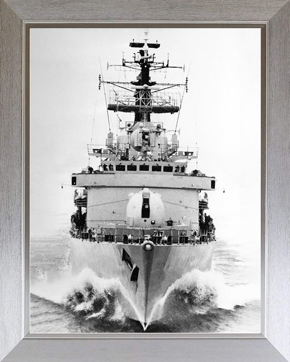 HMS Cardiff (D108) Royal Navy Type 42 Destroyer Bow View Black and White Photo Print Wall Art Decor Posters, Prints, & Visual Artwork Hampshire Prints 10 x 8 Silver Frame No
