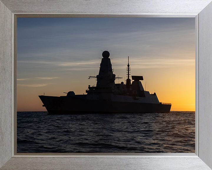 HMS Dragon (D35) Photo Print - Port Side at Sunset - Royal Navy Type 45 Destroyer Hampshire Prints 10 x 8 Silver Frame No