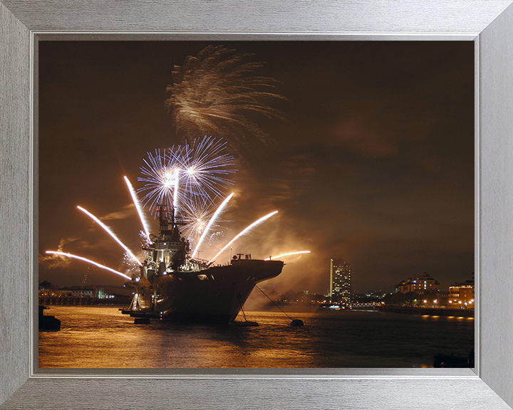 HMS Illustrious (R06) Photo Print - With fireworks 2009 - Royal Navy Invincible Class Aircraft Carrier Hampshire Prints 10 x 8 Silver Frame No