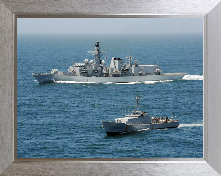 HMS Argyll (F231) Royal Navy Type 23 Frigate With Patrol Vessel Wall Art Photo Print Decor Posters, Prints, & Visual Artwork Hampshire Prints 10 x 8 Silver Frame No