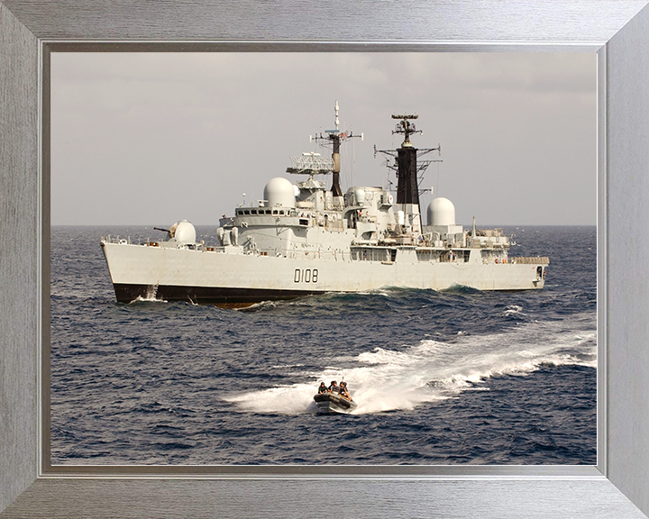 HMS Cardiff (D108) Royal Navy Type 42 Destroyer With RIB Photo Print Wall Art Decor Posters, Prints, & Visual Artwork Hampshire Prints 10 x 8 Silver Frame No