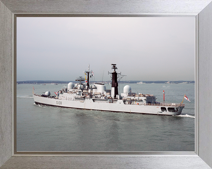 HMS Cardiff (D108) Royal Navy Type 42 Destroyer Leaving Harbour Port Side View Photo Print Wall Art Decor Posters, Prints, & Visual Artwork Hampshire Prints 10 x 8 Silver Frame No