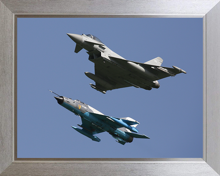 RAF Typhoon and a Romanian MiG 21 Lancer Photo Print - Royal Air Force Aircraft Hampshire Prints 10 x 8 Silver Frame No