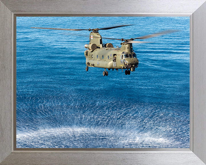 RAF Chinook Helicopter Hovering over sea Photo Print - Royal Air Force Aircraft Hampshire Prints 10 x 8 Silver Frame No