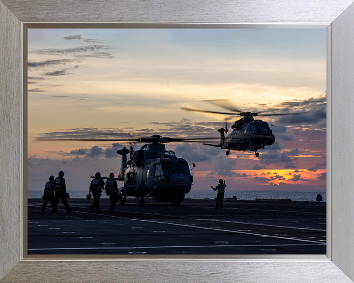 Merlin MK4 Helicopters From a Flight Deck at sunset Photo Print - Royal Navy Aircraft Hampshire Prints 10 x 8 Silver Frame No