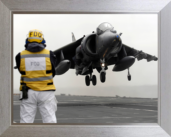 Harrier GR9 With Flight Deck Officer (FDO) Photo Print - Royal Navy Aircraft Posters, Prints, & Visual Artwork Hampshire Prints 10 x 8 Silver Frame No