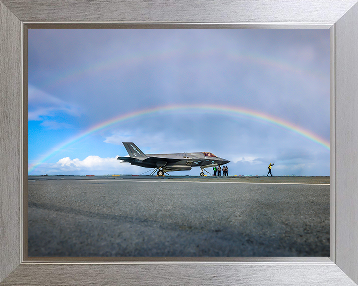 RAF F-35B Lightning with rainbow Photo Print - Royal Air Force Aircraft Hampshire Prints 10 x 8 Silver Frame No