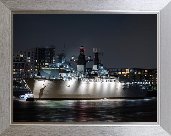 HMS Albion (L14) Royal Navy Albion Class Amphibious Ship In Harbour At Night Photo Print Wall Art Naval Decor Posters, Prints, & Visual Artwork Hampshire Prints 10 x 8 Silver Frame No