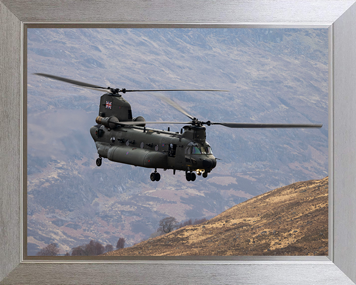 RAF Chinook Helicopter Flies Over The Highlands Photo Print - Royal Air Force Aircraft Hampshire Prints 10 x 8 Silver Frame No