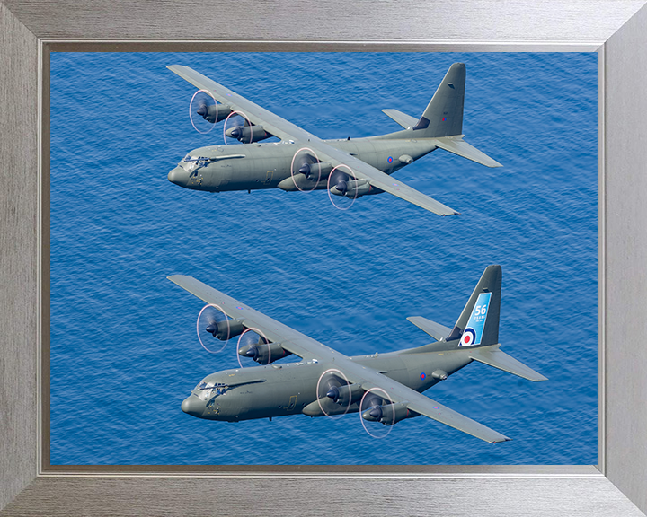Two RAF Hercules C-130J in flight Photo Print - Royal Air Force Aircraft Hampshire Prints 10 x 8 Silver Frame No