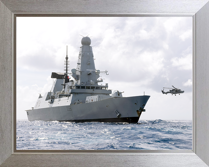 HMS Dauntless (D33) Royal Navy Type 45 Destroyer At Sea With Lynx Photo Print Wall Art Decor Posters, Prints, & Visual Artwork Hampshire Prints 10 x 8 Silver Frame No