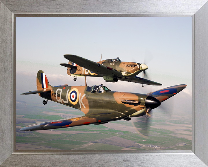 RAF Spitfire and Hurrincane in flight Photo Print - Royal Air Force Aircraft Hampshire Prints 10 x 8 Silver Frame No