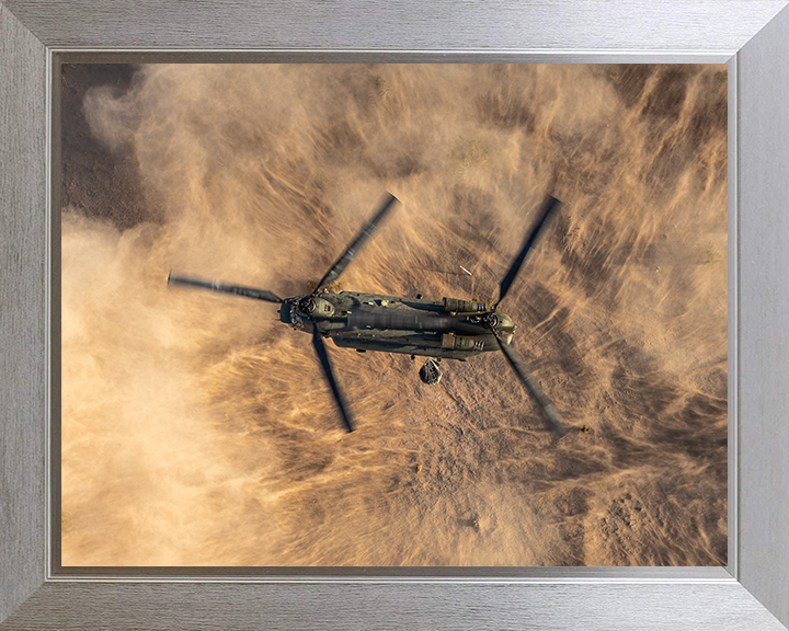 RAF Chinook helicopter Over the Desert Photo Print - Royal Air Force Aircraft Hampshire Prints 10 x 8 Silver Frame No