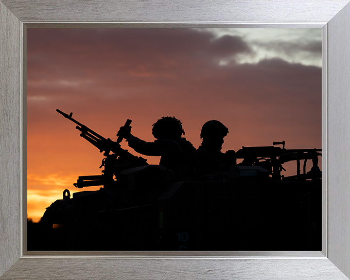 RAF Regiment with a Foxhound Vehicle at Sunset Photo Print Royal Air Force Wall Art Military Decor Posters, Prints, & Visual Artwork Hampshire Prints 10 x 8 Silver Frame No