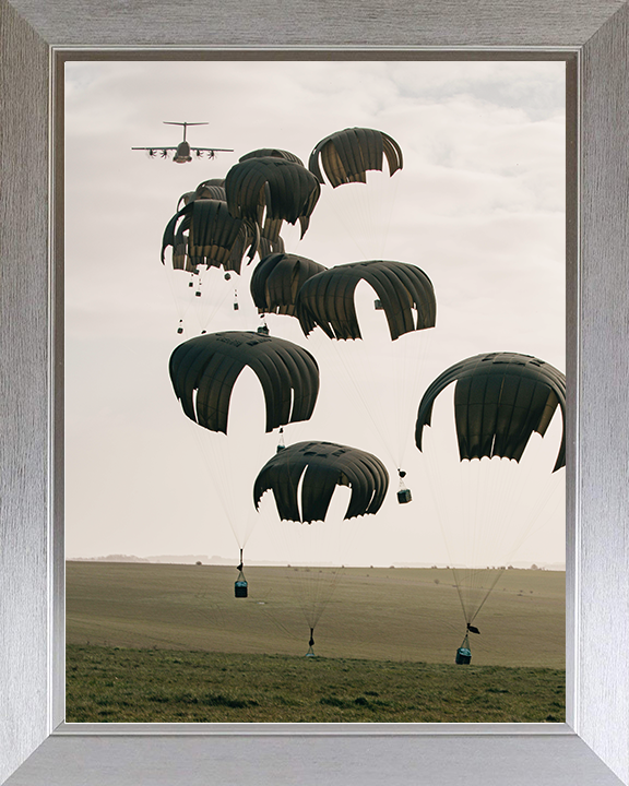 RAF A400M Atlas Dropping Containers by Parchute Photo Print Royal Air Force Aircraft Wall Art Posters, Prints, & Visual Artwork Hampshire Prints 10 x 8 Silver Frame No