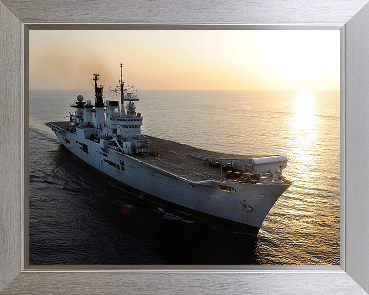 HMS Illustrious (R06) Photo Print - At Sunset 2013 - Royal Navy Invincible Class Aircraft Carrier Hampshire Prints 10 x 8 Silver Frame No