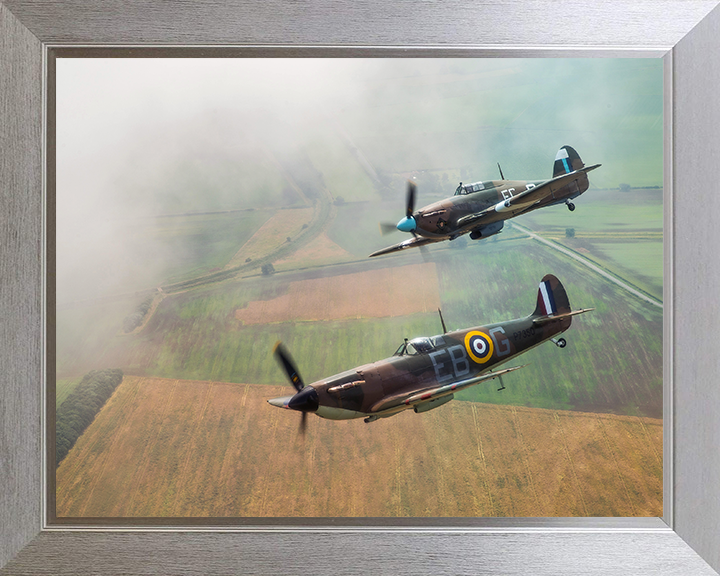 RAF Spitfire and Hurricane in flight Photo Print - Royal Air Force Aircraft Hampshire Prints 10 x 8 Silver Frame No