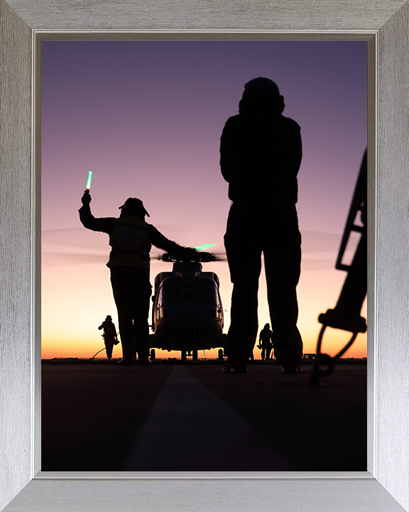 Merlin Helicopter on a Flight Deck with Crew Photo Print - Royal Navy Aircraft Hampshire Prints 10 x 8 Silver Frame No