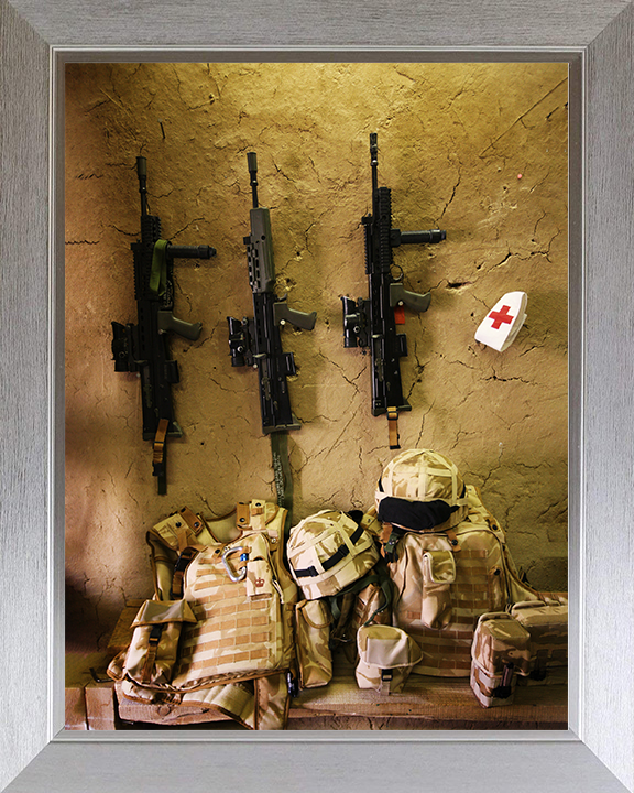 Royal Marines SA80s and kit on a wall in Afghanistan Photo Print Hampshire Prints 10 x 8 Silver Frame No
