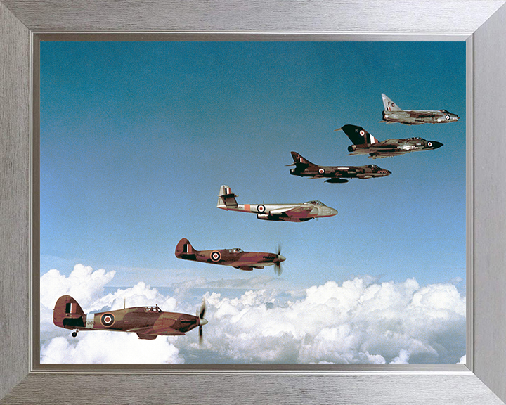 RAF Fighters 1940-1960 in flight Photo Print - Royal Air Force Aircraft Hampshire Prints 10 x 8 Silver Frame No