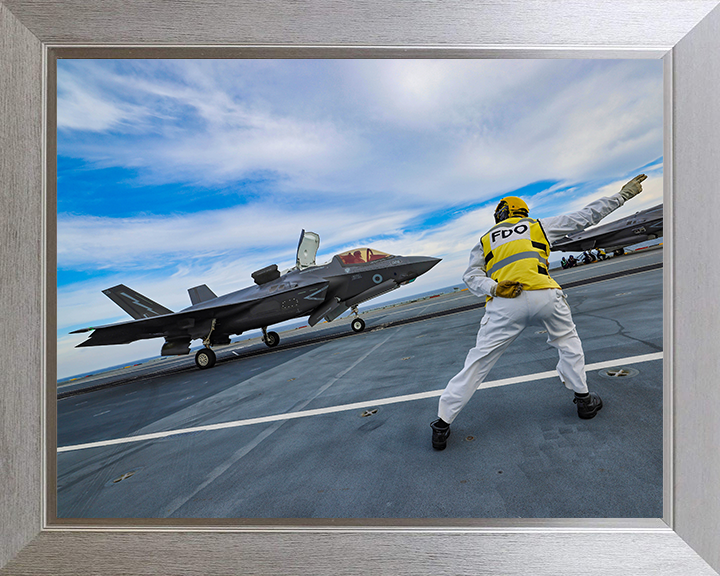 RAF F35B flight deck takeoff Photo Print - Royal Air Force Aircraft Hampshire Prints 10 x 8 Silver Frame No