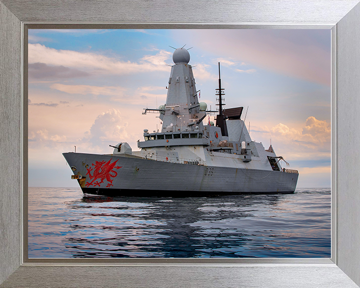 HMS Dragon (D35) Royal Navy Type 45 Destroyer Port Side View At Sunset Photo Print Wall Art Decor Posters, Prints, & Visual Artwork Hampshire Prints 10 x 8 Silver Frame No