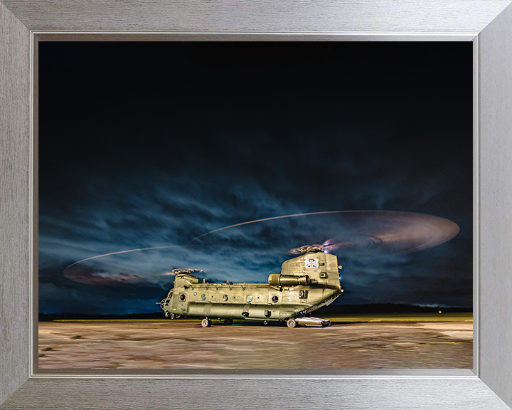 RAF Chinook Helicopter Night Takeoff Photo Print - Royal Air Force Aircraft Hampshire Prints 10 x 8 Silver Frame No