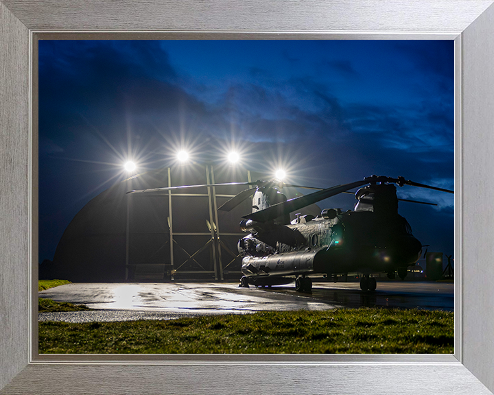RAF Chinook Helicopter Outside a Hanger at Night Photo Print Royal Air Force Aircraft Wall Art Aviation Decor Posters, Prints, & Visual Artwork Hampshire Prints 10 x 8 Silver Frame No