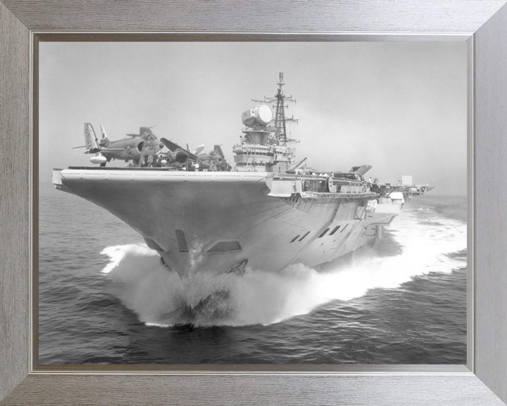 HMS Hermes (R12) Photo Print - Low Bow View - Royal Navy Centaur Class Aircraft Carrier Hampshire Prints 10 x 8 Silver Frame No