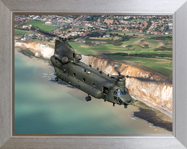 RAF Chinook Helicopter Over the English Coast Photo Print - Royal Air Force Aircraft Hampshire Prints 10 x 8 Silver Frame No