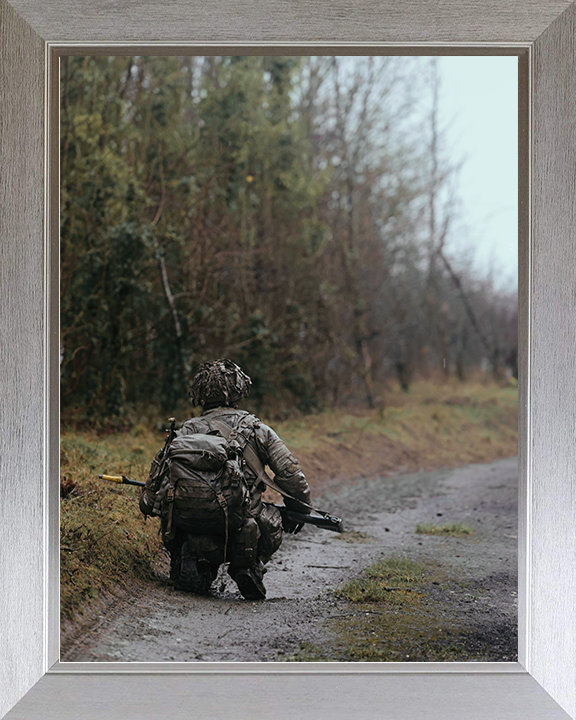British Army Soldier Officer Cadet Crouches in the Field Photo Print Wall Art Military Decor Posters, Prints, & Visual Artwork Hampshire Prints 10 x 8 Silver Frame No