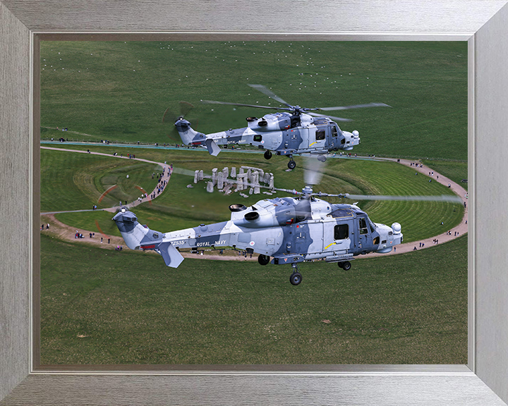 Wildcat Helicopters Over Stonehenge Photo Print - Royal Navy Aircraft Hampshire Prints 10 x 8 Silver Frame No