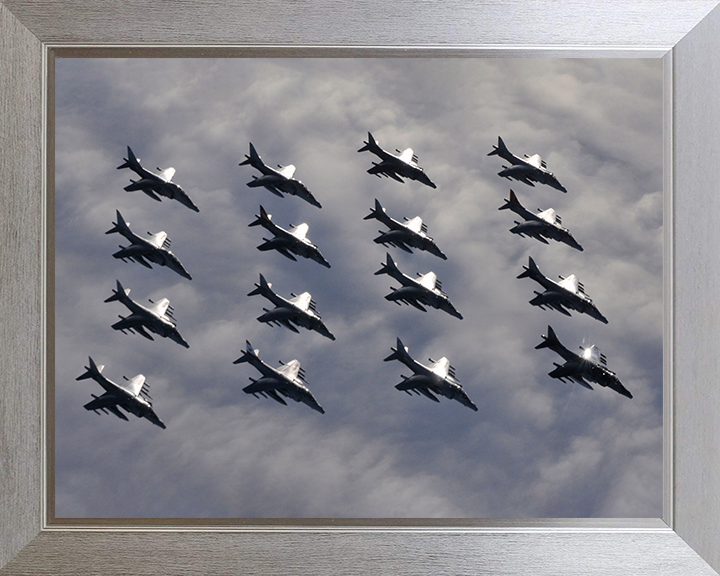 Sixteen RAF Harrier GR7 Jets in formation Photo Print - Royal Air Force Aircraft Posters, Prints, & Visual Artwork Hampshire Prints 10 x 8 Silver Frame No