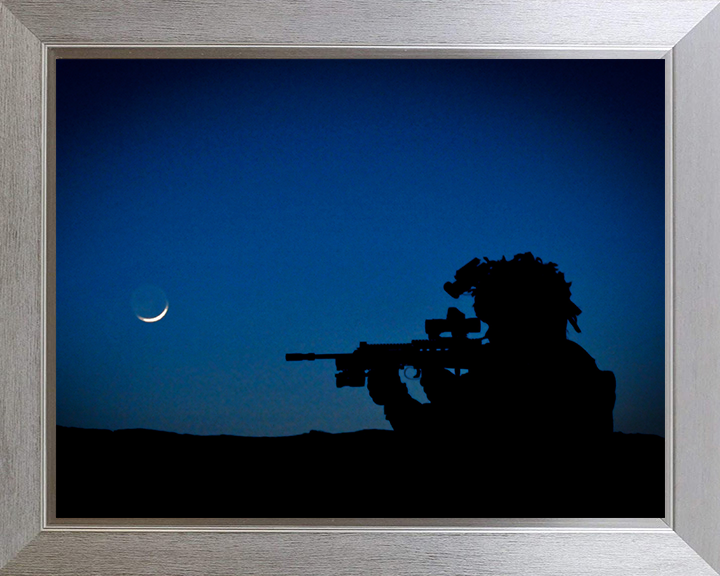 Royal Marine Commando silhouette at dusk Photo Print - 40 Commando Hampshire Prints 10 x 8 Silver Frame No