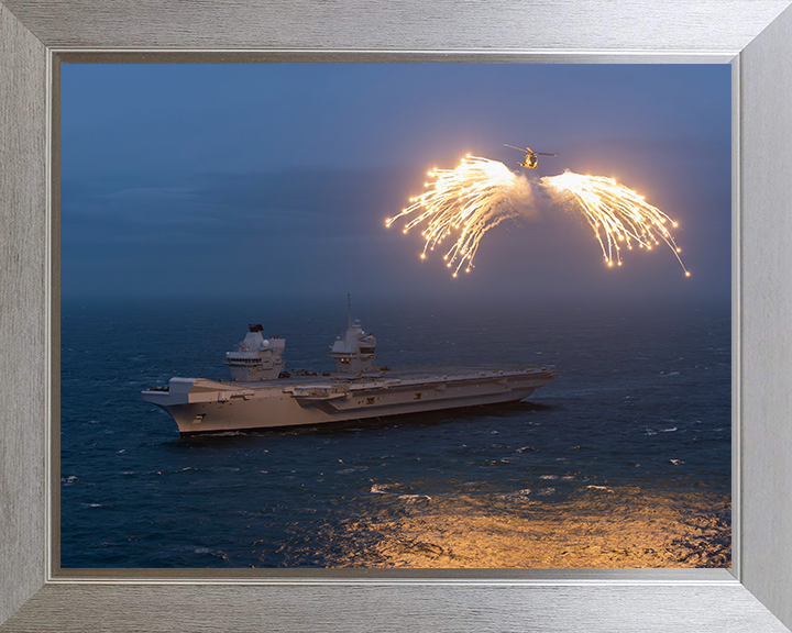 HMS Prince of Wales (R09) Photo Print - With Merlin - Royal Navy Queen Elizabeth Class Aircraft Carrier Hampshire Prints 10 x 8 Silver Frame No