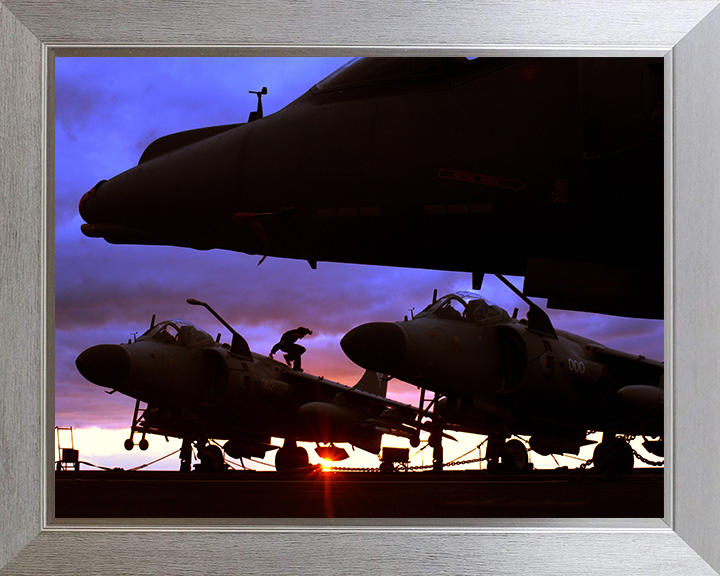 Harrier FA2s and GR7s on a Flightdeck at Sunset Photo Print - Royal Navy Aircraft Posters, Prints, & Visual Artwork Hampshire Prints 10 x 8 Silver Frame No