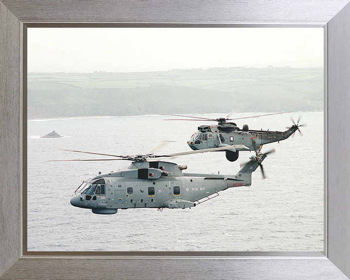 Merlin and Sea King Helicopter off Cornwall Photo Print - Royal Navy Aircraft Posters, Prints, & Visual Artwork Hampshire Prints 10 x 8 Silver Frame No