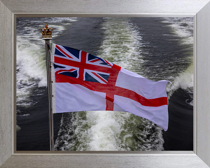 White Ensign and Ships Wake Photo Print - Royal Navy Hampshire Prints 10 x 8 Silver Frame No